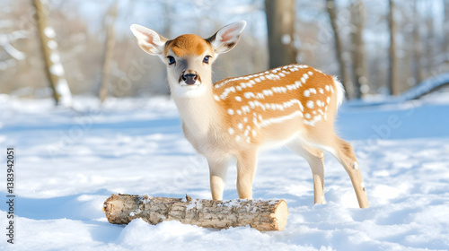 Adorable fawn standing in snowy woodland, near a log