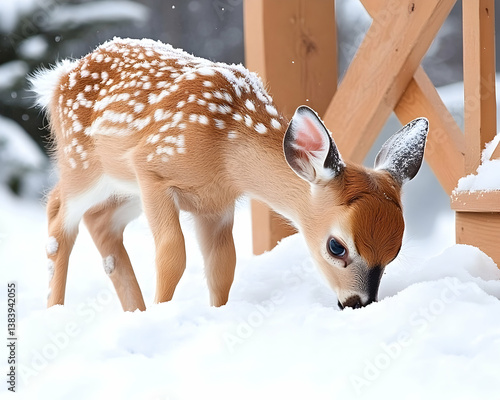 Adorable fawn foraging in snowy winter scene
