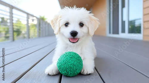 Obraz na płótnie Adorable fluffy white puppy plays with green ball on deck w salonie