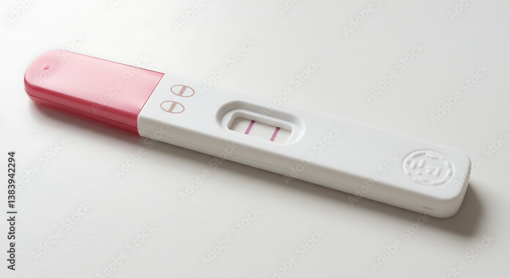 A close up of a positive pregnancy test with two pink lines on a white background A close up of a positive pregnancy test with two pink lines on a white background