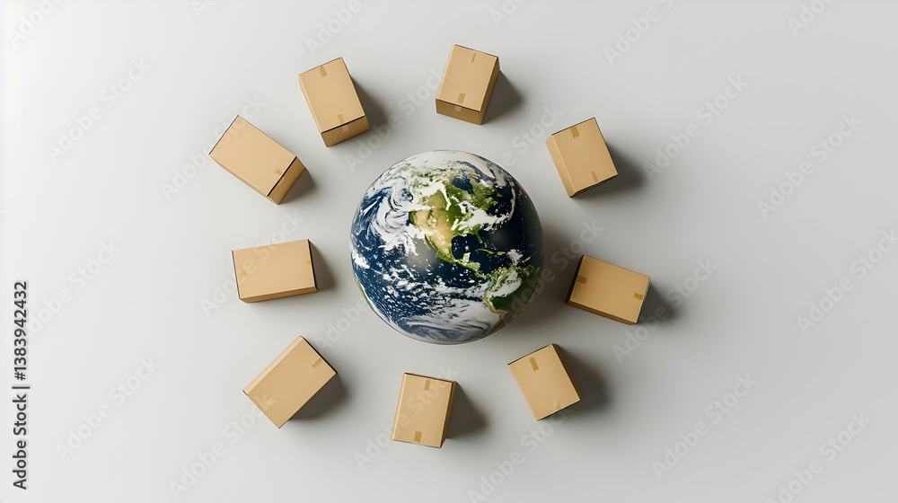 Globe Surrounded By Cardboard Boxes On Light Gray Background