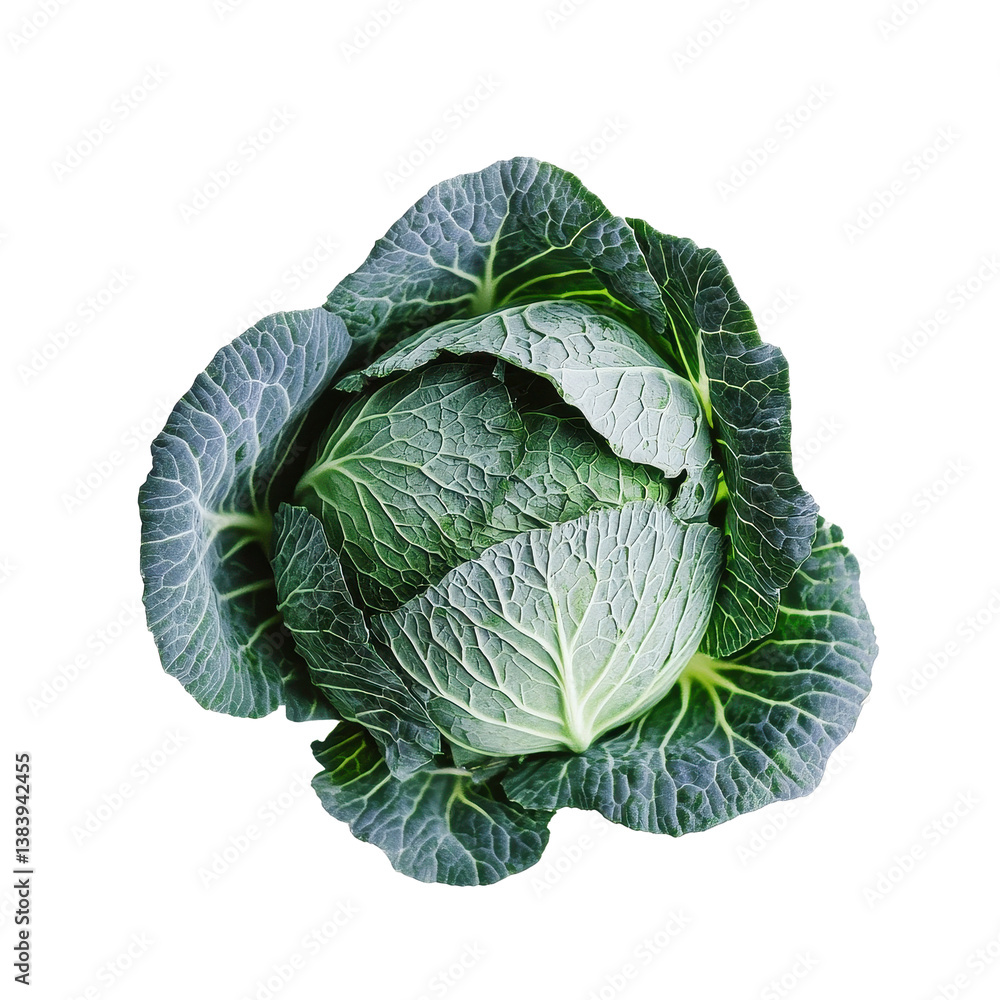 Fototapeta premium Fresh green cabbage viewed from above against a clean white background for culinary purposes, Cabbage vegetable food ingridient White background
