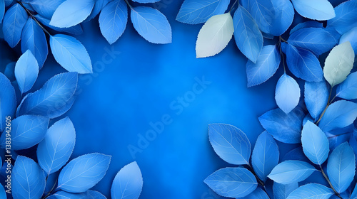 Blue leaves frame on blue background