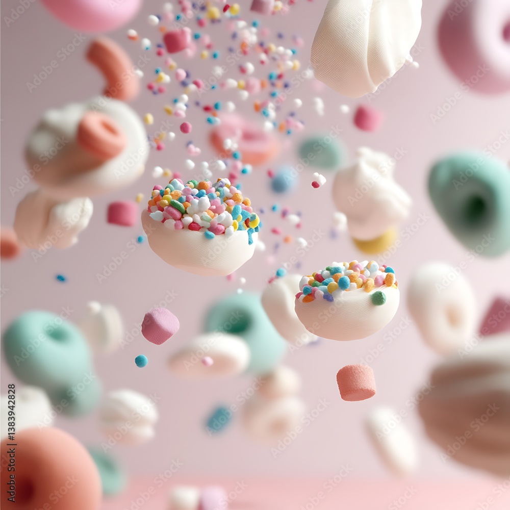 Floating Pastel Donuts and Marshmallows with Sprinkles on Pink Background Floating Pastel Donuts and Marshmallows with Sprinkles on Pink Background