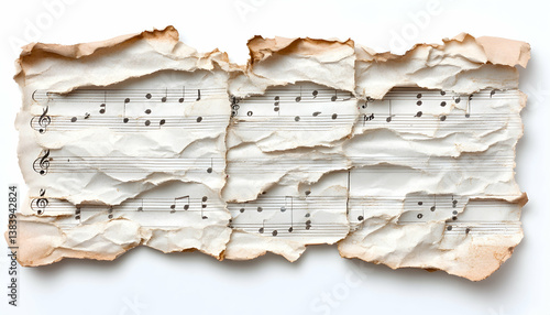 Burned, aged music sheet with notes, showing texture and damage