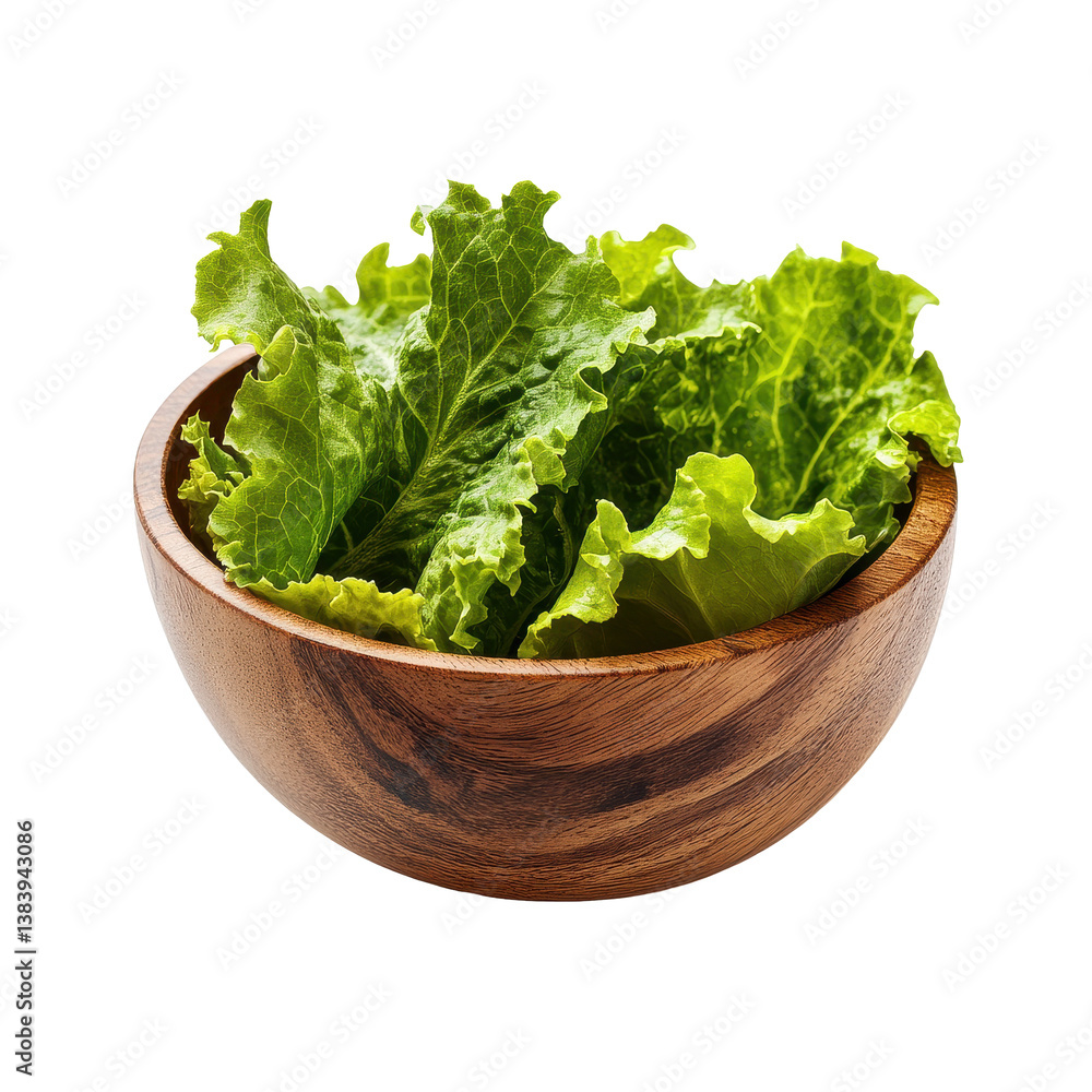 Fresh lettuce leaves in a wooden bowl on a Transparent background highlighting natural food presentation, lettuce leaf in wood bowl isolated on PNG background Fresh lettuce leaves in a wooden bowl on a Transparent background highlighting natural food presentation, lettuce leaf in wood bowl isolated on PNG background