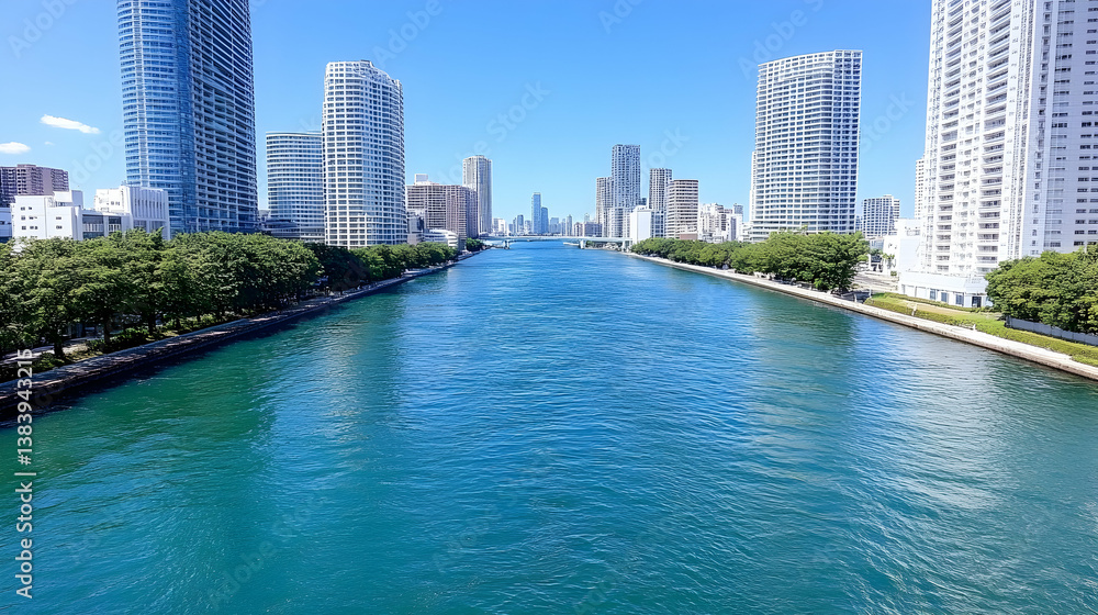 Cityscape with waterway, high-rises, and lush greenery under a clear blue sky Cityscape with waterway, high-rises, and lush greenery under a clear blue sky