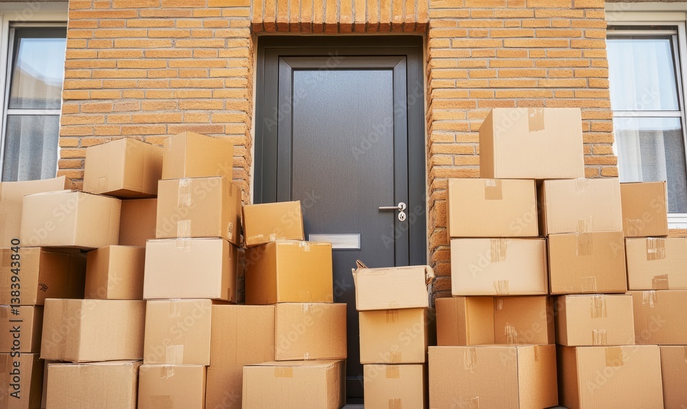 Moving Day: A Stack of Cardboard Boxes Outside a House