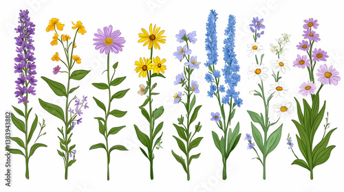 Wallpaper Mural Collection of diverse wildflowers with vibrant colors and lush green stems, isolated on white Torontodigital.ca