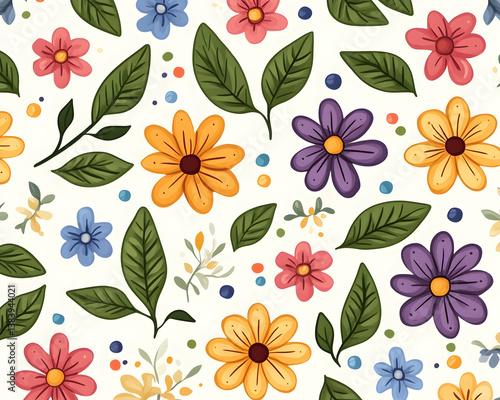 Colorful floral pattern with various flowers and leaves on white background