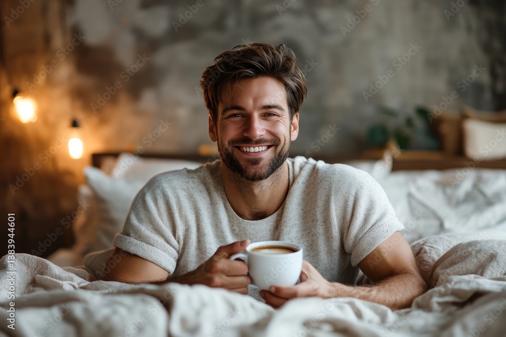 a man sitting in a bed with coffee cup in hand, looking directly at the camera and smiling cheerfully a man sitting in a bed with coffee cup in hand, looking directly at the camera and smiling cheerfully