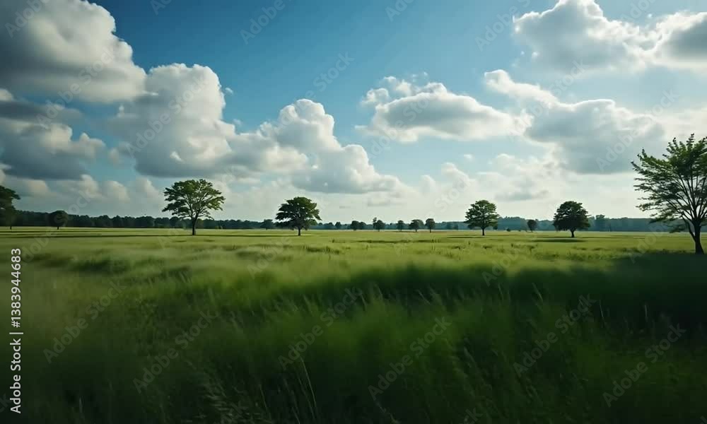 Vast Grassland Gently Swaying in the Wind, Sparse Trees With Softly Rustling Leaves, Clouds Slowly Flying Across the Sky. 4k video