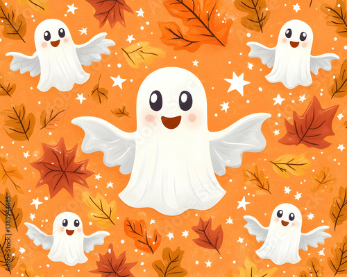 Cute cartoon ghosts and autumn leaves on orange background