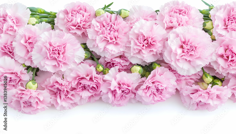 Delicate pink carnations arranged in a horizontal row against a white background Delicate pink carnations arranged in a horizontal row against a white background