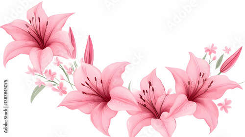 Delicate pink lilies and small flowers arranged in a graceful curve on white background