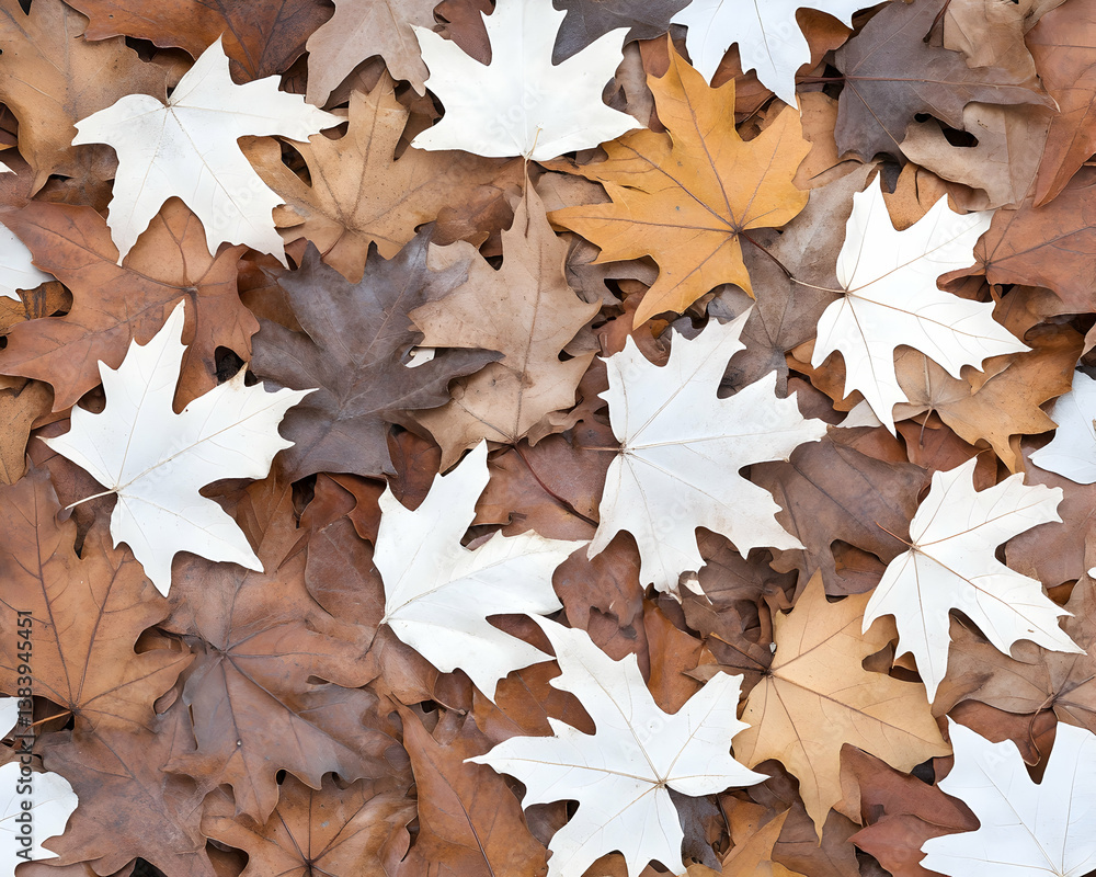 Dried maple leaves in various autumnal shades, including brown, beige, and off-white, create a textured background Dried maple leaves in various autumnal shades, including brown, beige, and off-white, create a textured background