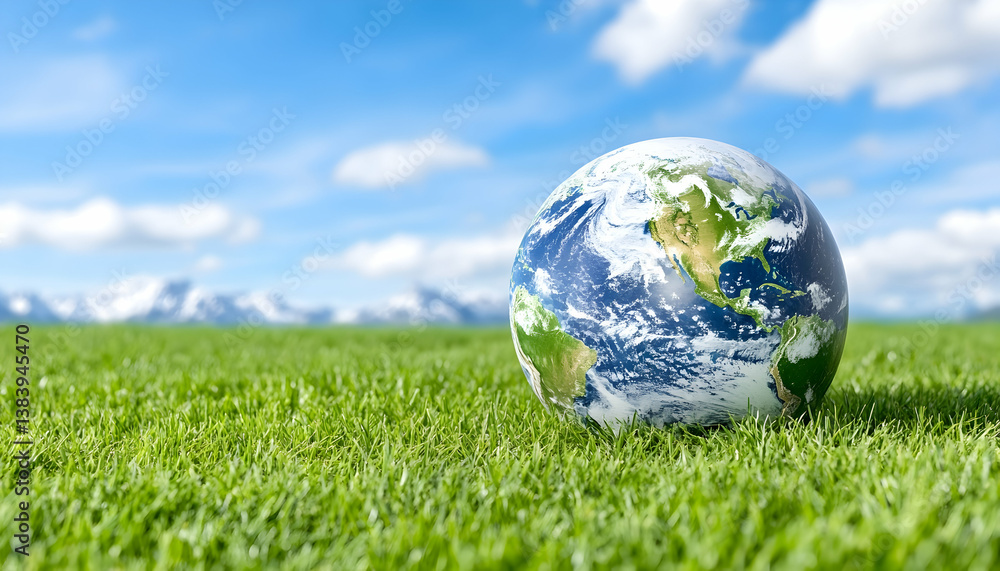 Earth globe on lush green grass with mountains and blue sky background Earth globe on lush green grass with mountains and blue sky background