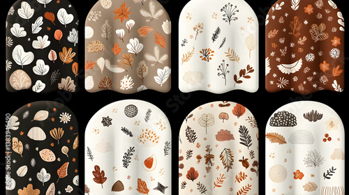 Eight autumnal fabric swatches with leaf and floral patterns in various earthy tones