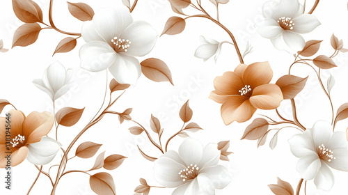 Elegant floral pattern with white and brown blossoms on swirling branches against a white background