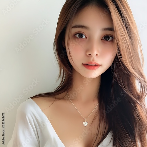 Portrait of a Young Woman with Long Brown Hair Wearing a White Shirt