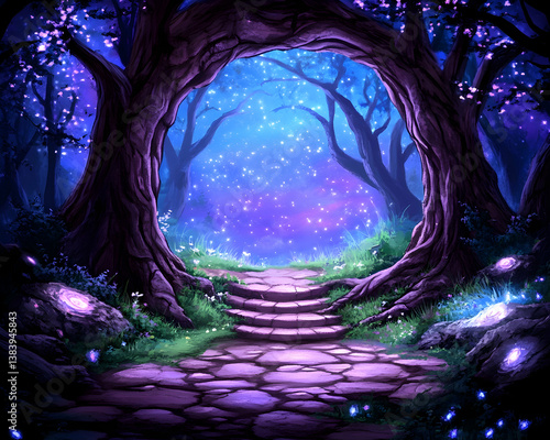 Enchanting night forest path leading to glowing portal