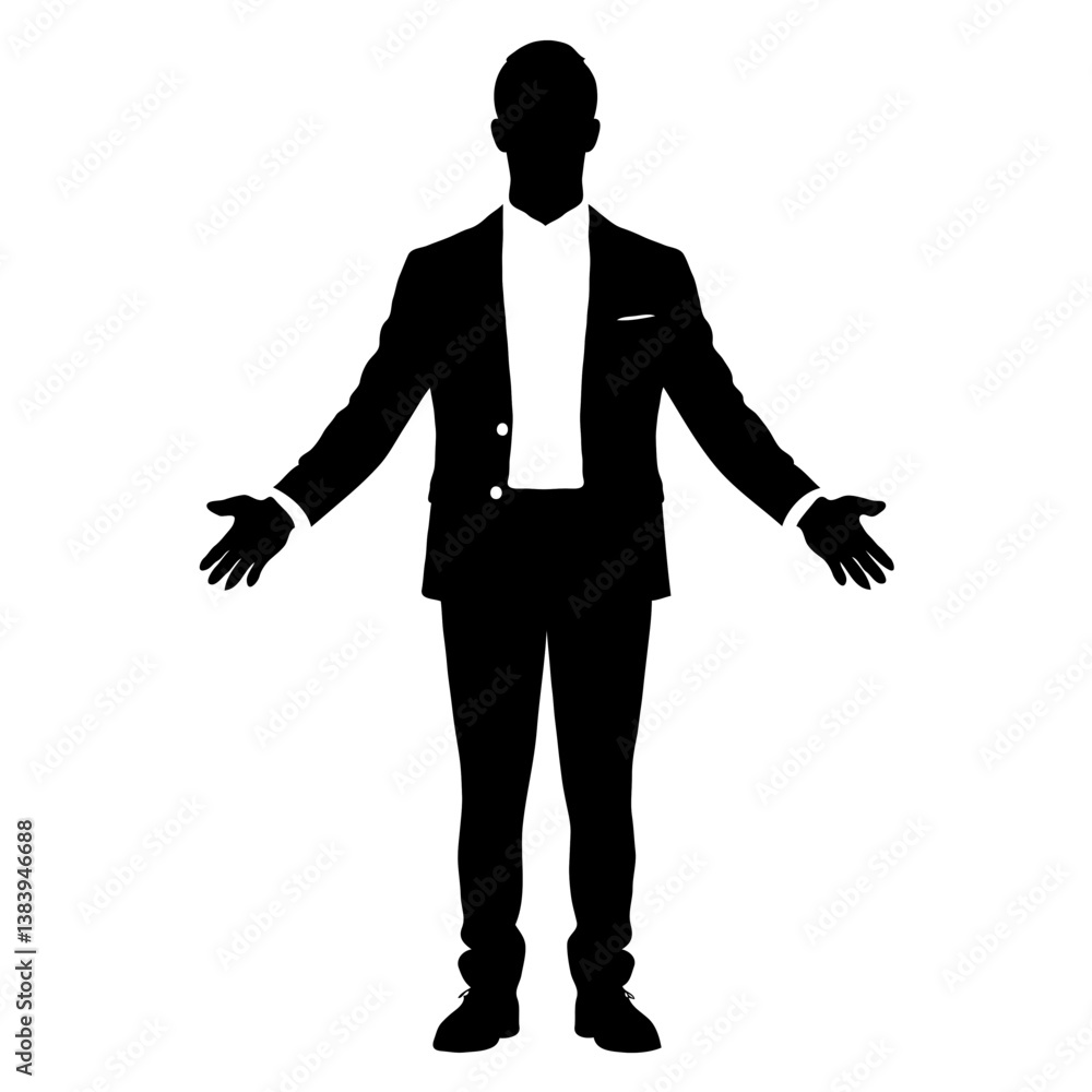 Vector Standing Man Silhouette Front View Formal Blazer Open Arms Welcoming Posture Vector Standing Man Silhouette Front View Formal Blazer Open Arms Welcoming Posture