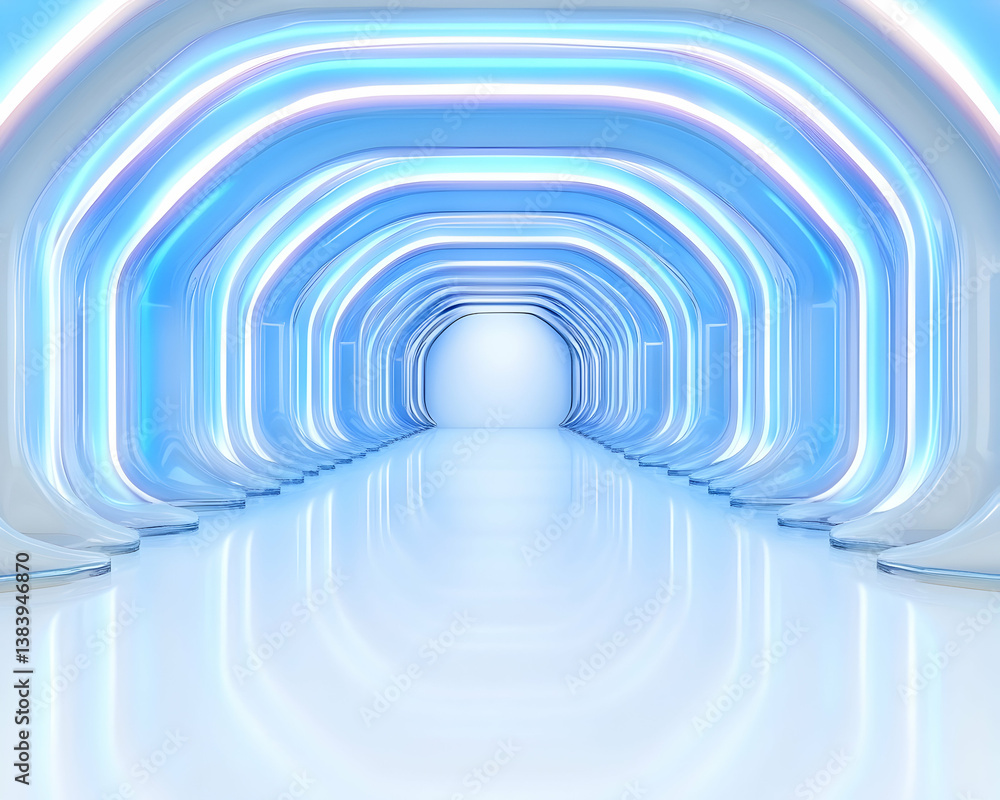 Futuristic blue neon-lit tunnel with reflective floor Futuristic blue neon-lit tunnel with reflective floor