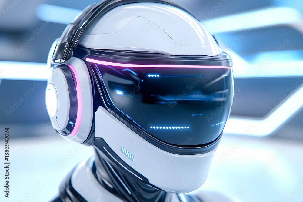 Futuristic robot head with headset and visor displaying data Futuristic robot head with headset and visor displaying data