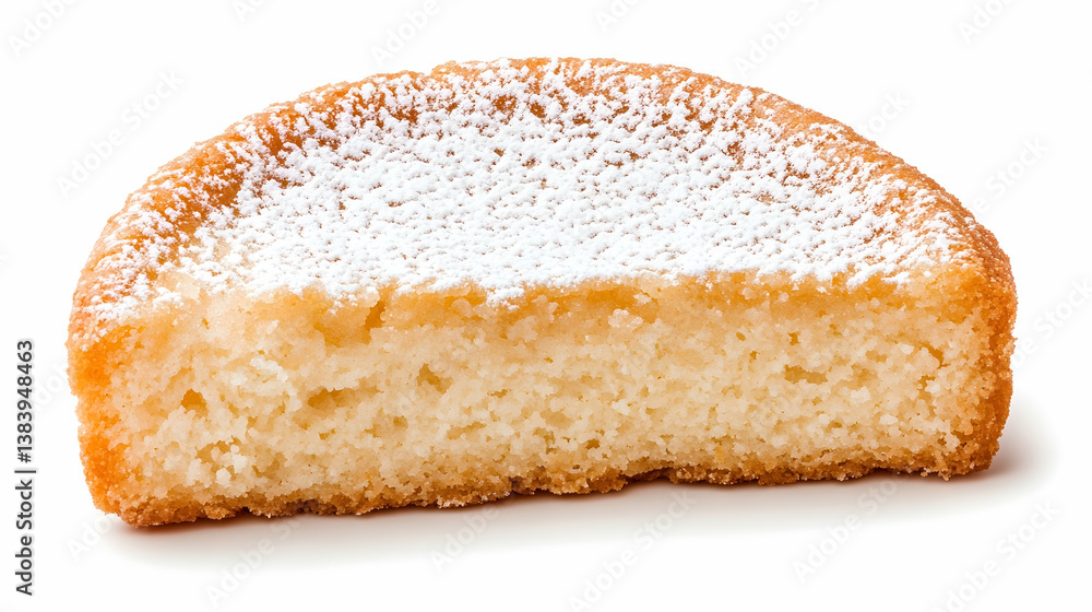 Half of a light, fluffy, round cake dusted with powdered sugar, showing a soft, moist crumb Half of a light, fluffy, round cake dusted with powdered sugar, showing a soft, moist crumb