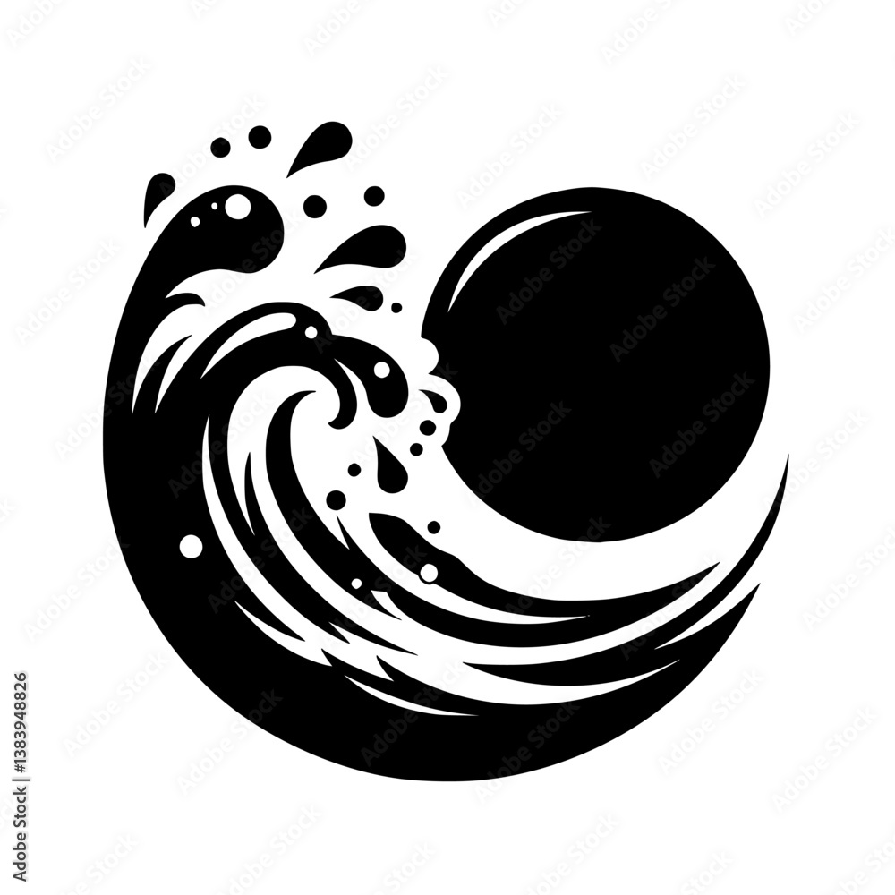 Naklejka premium Black Wave and Circle Silhouette, Japanese Style, Vector Graphic