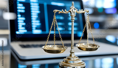 Justice scales on a desk with a laptop displaying data in the background