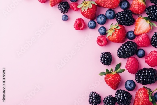 Fresh assorted berries creating a vibrant frame on pink background