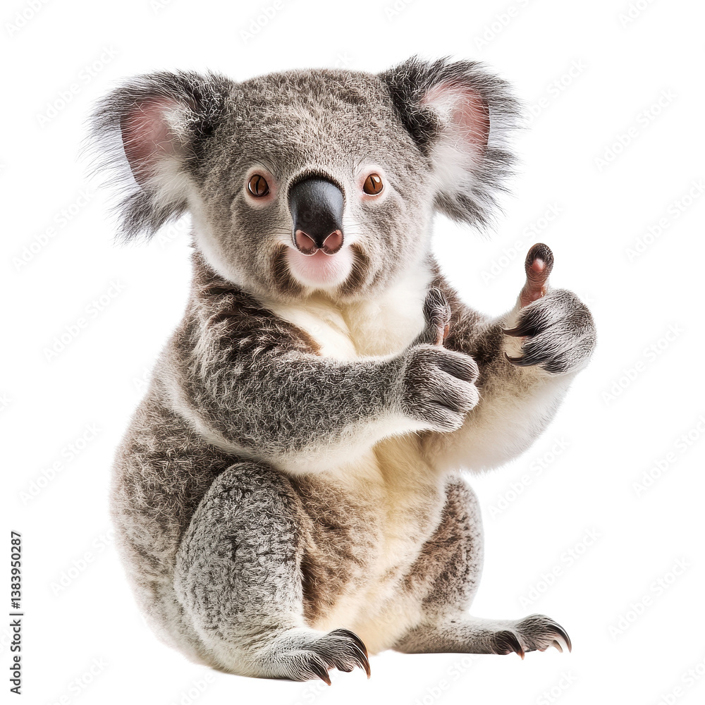 Obraz premium Cute koala giving thumbs up isolated against a bright Transparent background, Cute Koala Giving Thumbs Up Isolated on PNG background