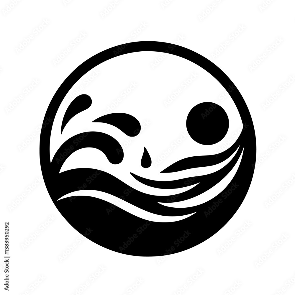 Yin Yang Water and Sun Abstract Graphic, Minimalist Design, Black and White Yin Yang Water and Sun Abstract Graphic, Minimalist Design, Black and White