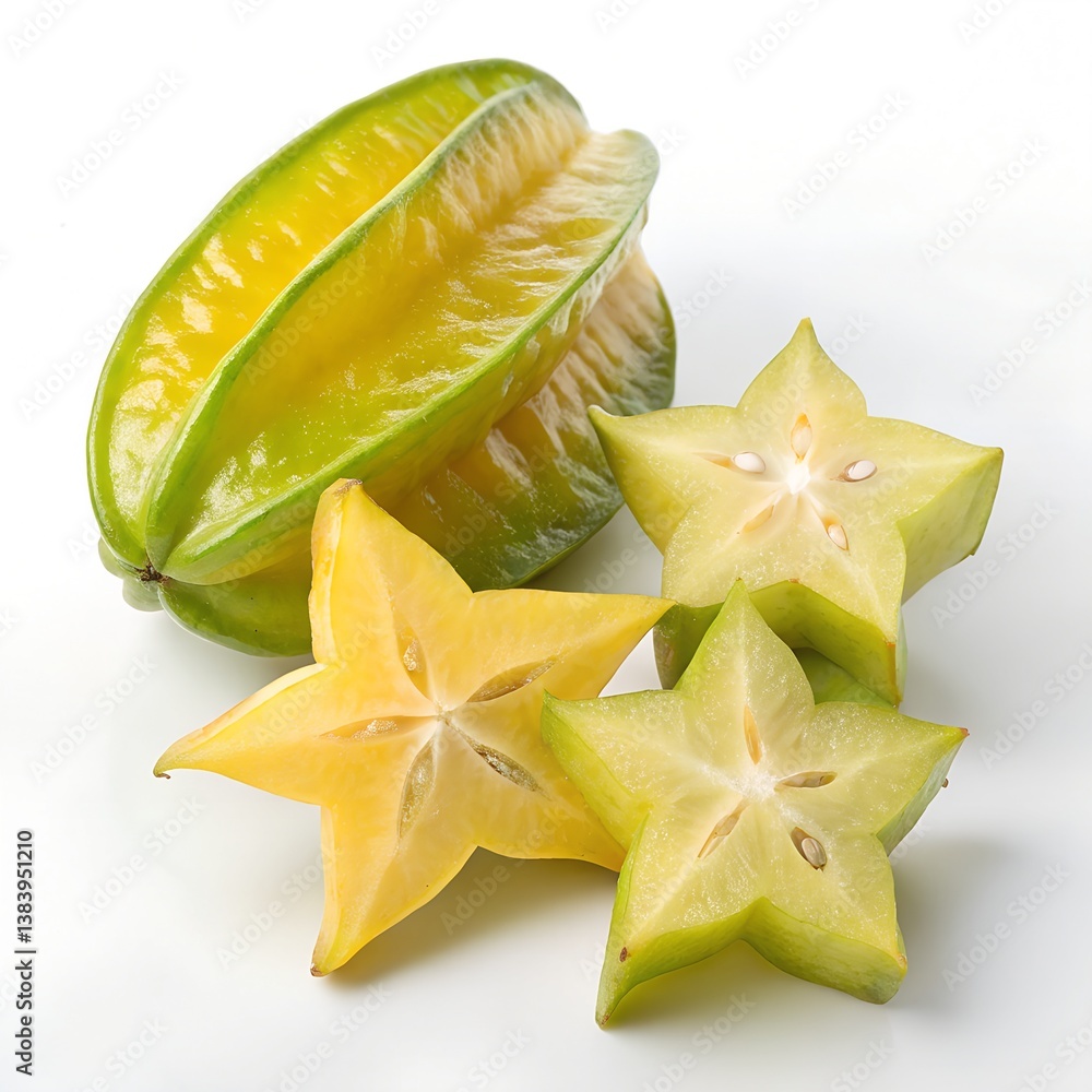 Fototapeta premium Ripe yellow carambola starfruit slices, a tropical citrus fruit isolated on white
