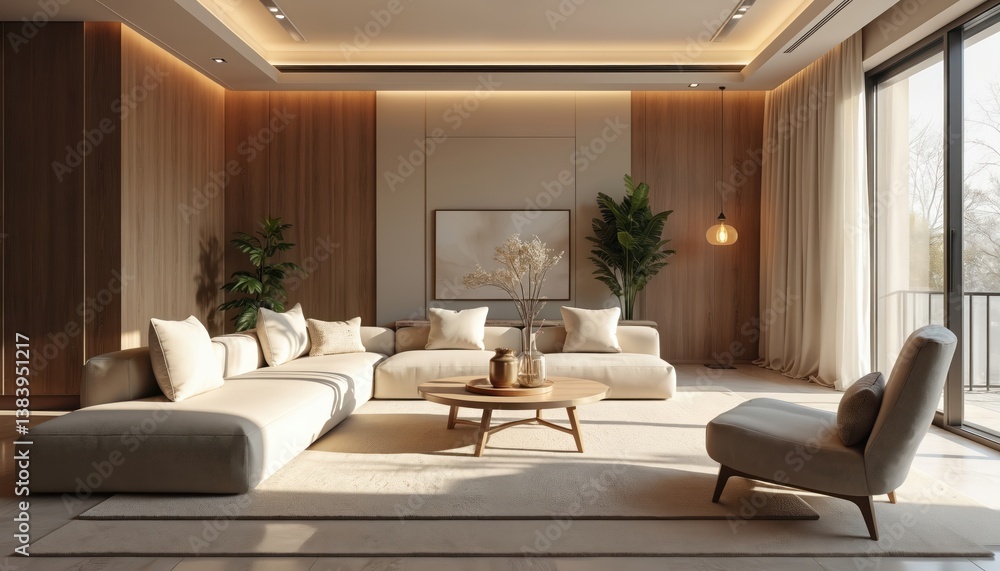 Modern drawing room design with big window. Interior design, home decor, living space. Features living room furniture, sofa, luxury architecture. Neutral color palette, wooden wall paneling, plants, Modern drawing room design with big window. Interior design, home decor, living space. Features living room furniture, sofa, luxury architecture. Neutral color palette, wooden wall paneling, plants,