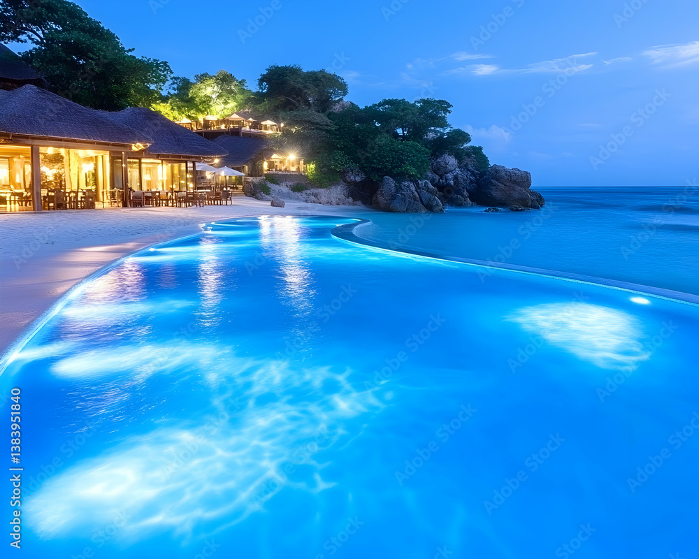 Obraz premium Night scene of a beachfront resort with an infinity pool