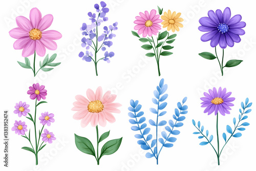 Pastel flower and foliage illustrations, isolated on white