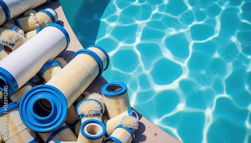 Old pool filter cartridges beside clean replacements, seasonal cleaning