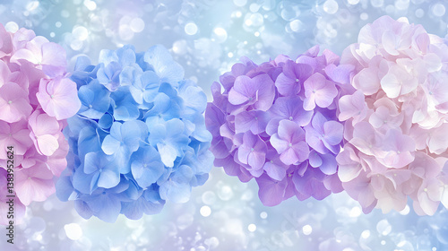 Pastel hydrangea blossoms arranged against a bokeh background