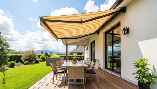 Motorized outdoor awning deployed over patio, home sun protection
