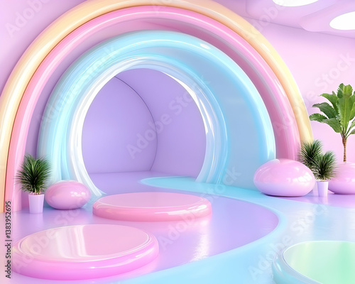 Pastel rainbow archway with platforms & plants in a whimsical room