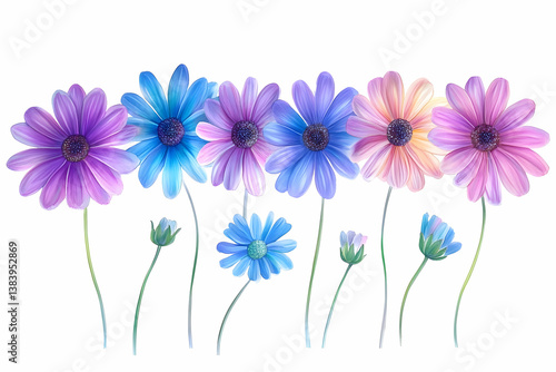 Pastel-colored daisies arranged in a row on white background