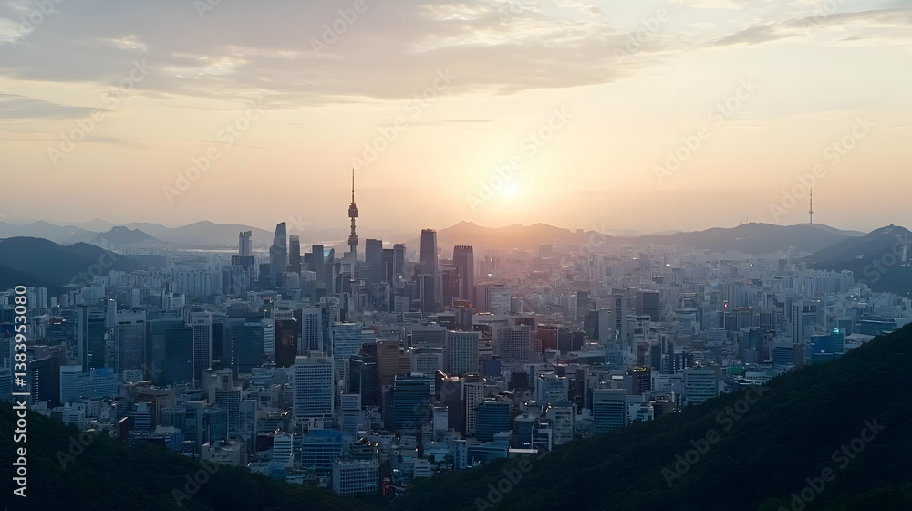 Fototapeta premium Cityscape Sunset View From Hills South Korea
