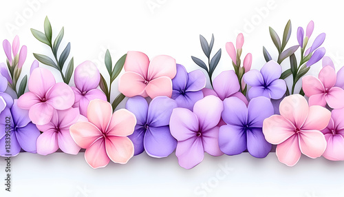 Pink and purple flowers border on white background