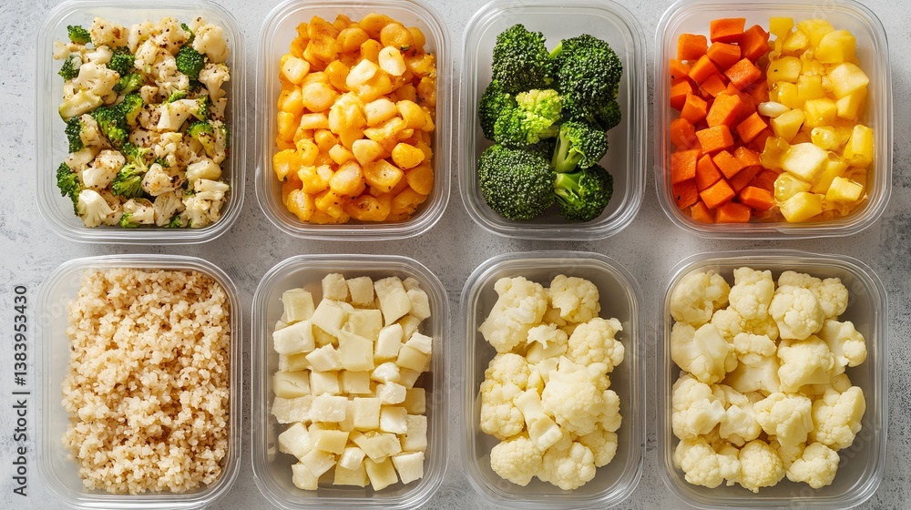 Overhead view of eight clear containers filled with various chopped vegetables and cooked quinoa grains Overhead view of eight clear containers filled with various chopped vegetables and cooked quinoa grains