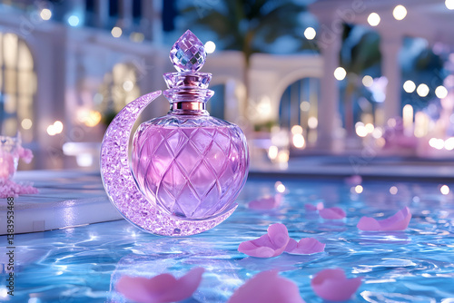 Pink perfume bottle on crescent moon, floating in pool with petals at night