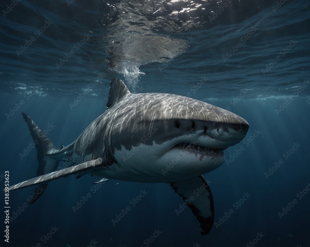 Fototapeta premium Cinematic close-up portrait of great white shark with powerful jawline, piercing black eyes, and ocean shimmer