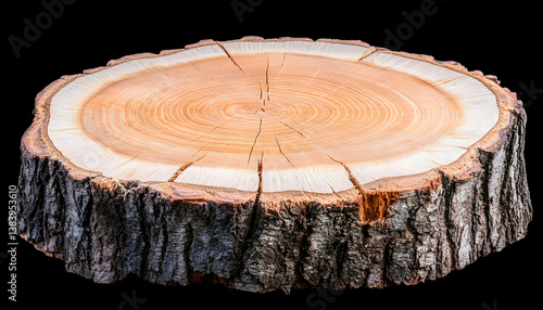 Polished tree cross-section with bark, isolated on black