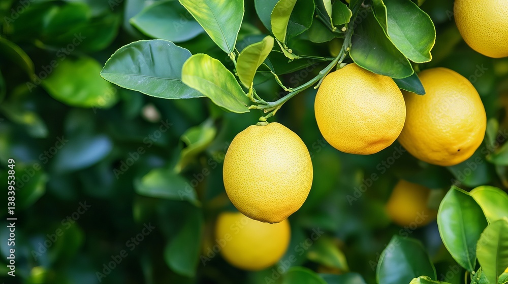 Fresh Ripe Yellow Lemons Growing on Tree Branch Lush Green Leaves Natural Sunlight Vibrant Citrus Fruit Healthy Organic Food Agriculture Plantation Fresh Ripe Yellow Lemons Growing on Tree Branch Lush Green Leaves Natural Sunlight Vibrant Citrus Fruit Healthy Organic Food Agriculture Plantation